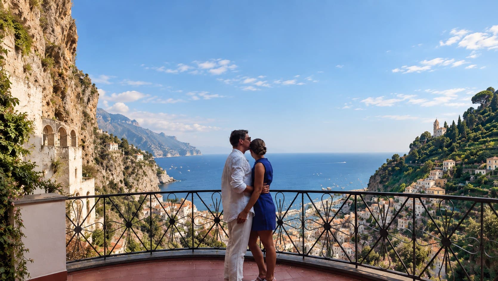 Christopher and Marie on a balcony overlooking Atrani on the Amalfi Coast